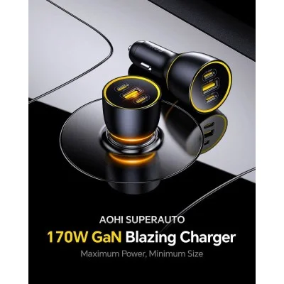 AOHI SUPERAUTO PD GAN 170W Fast Car Charger (2USB-C & 1USB-A) _ Black